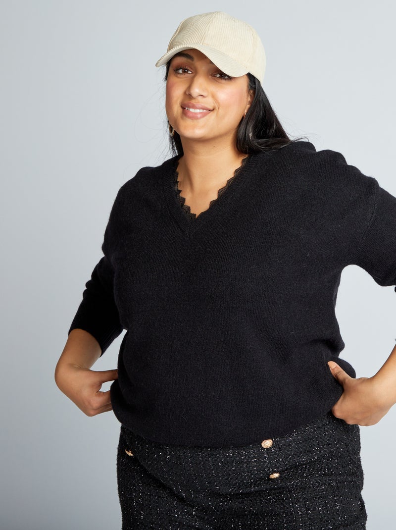 Pull à col V avec dentelle noir - Kiabi
