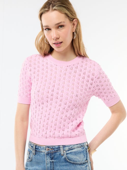 Pull à manches courtes en maille crochet ajourée - Kiabi