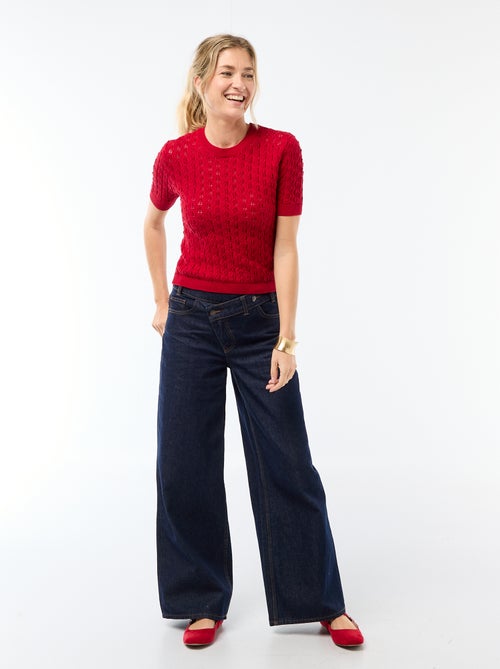 Pull à manches courtes en maille crochet ajourée - Kiabi