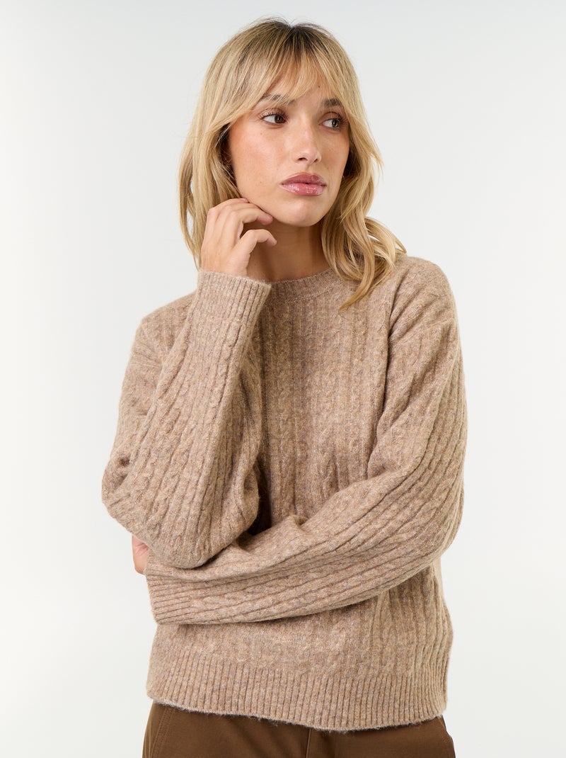 Pull à torsades col rond Beige - Kiabi