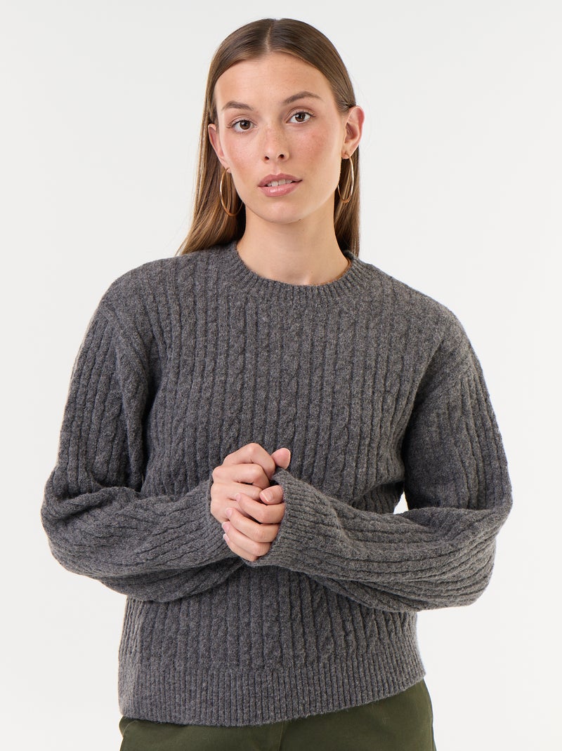 Pull à torsades col rond Gris - Kiabi