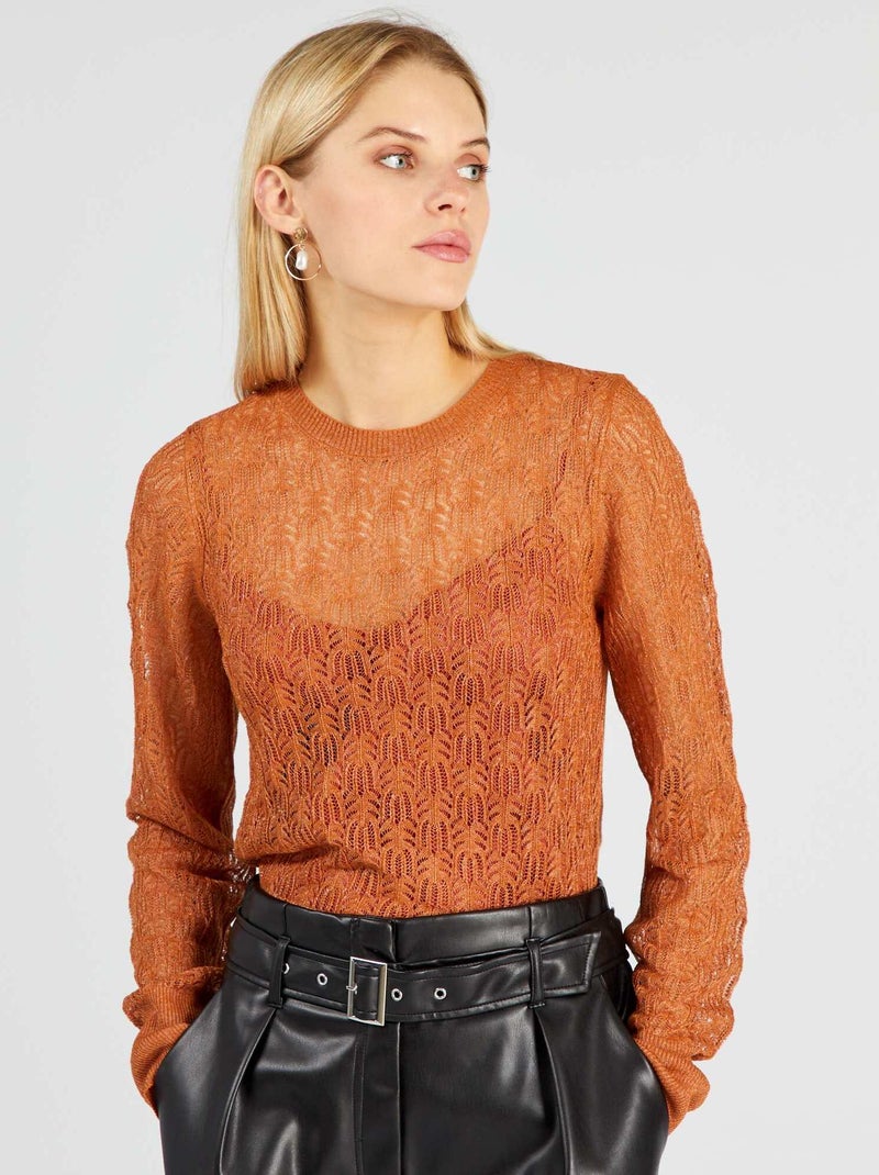 Pull ajouré à col rond Marron - Kiabi