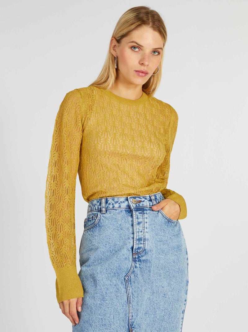 Pull ajouré à col rond vert - Kiabi