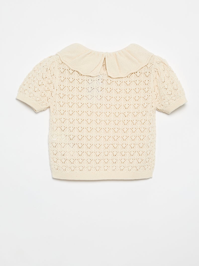 Pull ajouré manches courtes col claudine Beige - Kiabi