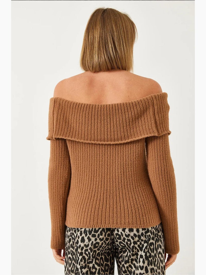 Pull ajusté en maille côtelée à épaules dénudées avec détail replié lucci Camel - Kiabi