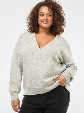 Pull avec col cache-cœur et strass fantaisies Gris Grandes - Main Image