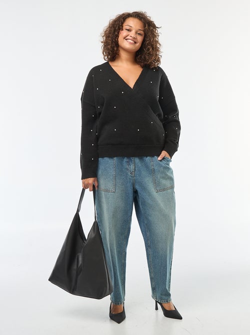Pull avec col cache-cœur et strass fantaisies - Kiabi