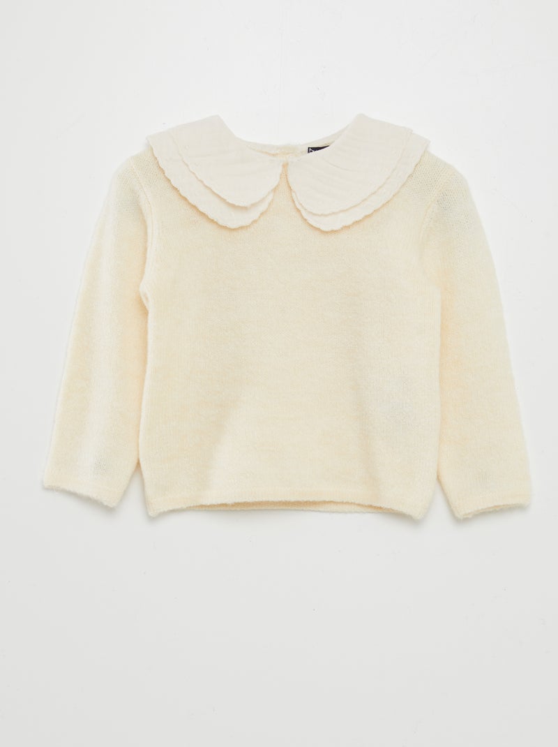 Pull avec col en gaze de coton Ecru - Kiabi