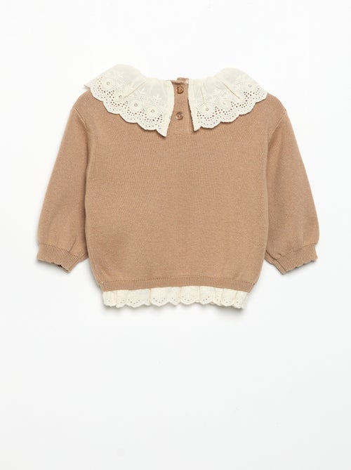 Pull avec col fantaisie en broderie anglaise - Kiabi