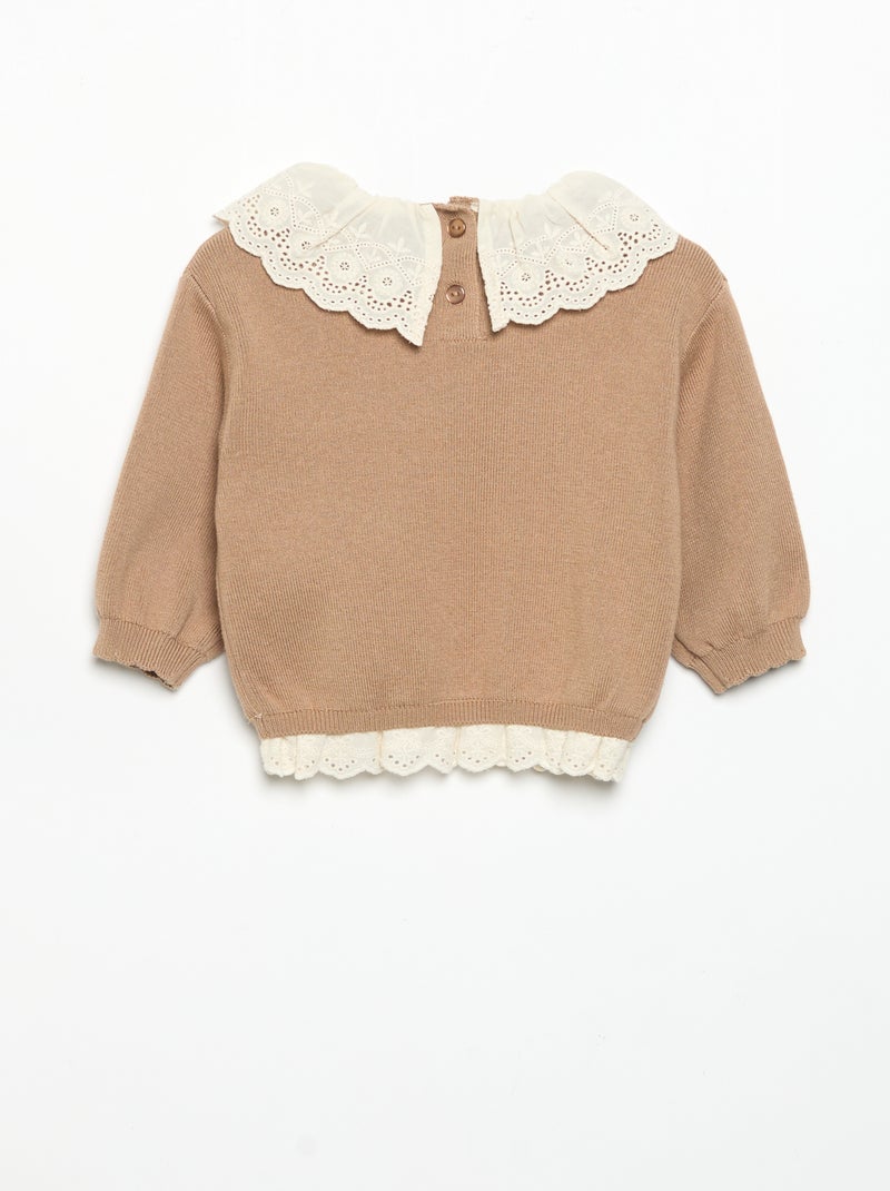 Pull avec col fantaisie en broderie anglaise Marron - Kiabi