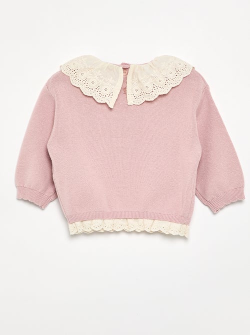 Pull avec col fantaisie en broderie anglaise - Kiabi