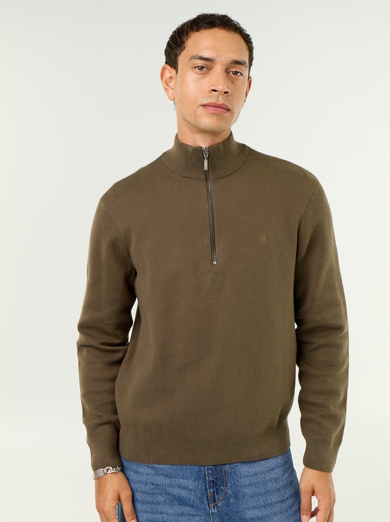 Pull avec col montant zippé Kaki - Kiabi
