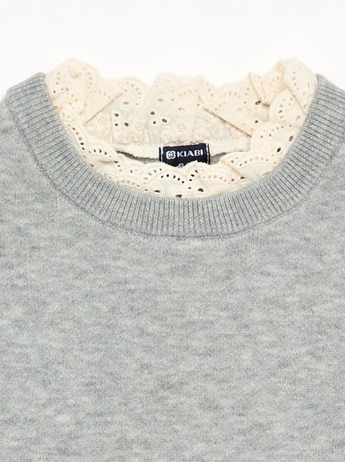 Pull avec col rond effet 2 en 1 en broderies anglaises - Kiabi