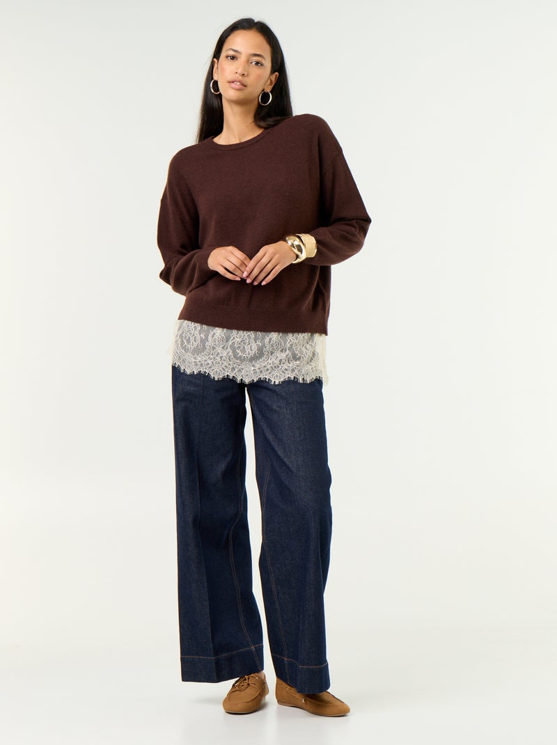 Pull avec empiècement en dentelle Marron - Kiabi