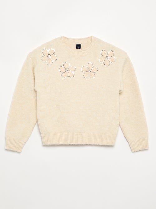 Pull avec fleurs brodées et sequins - Kiabi