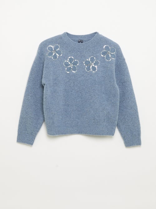 Pull avec fleurs brodées et sequins - Kiabi