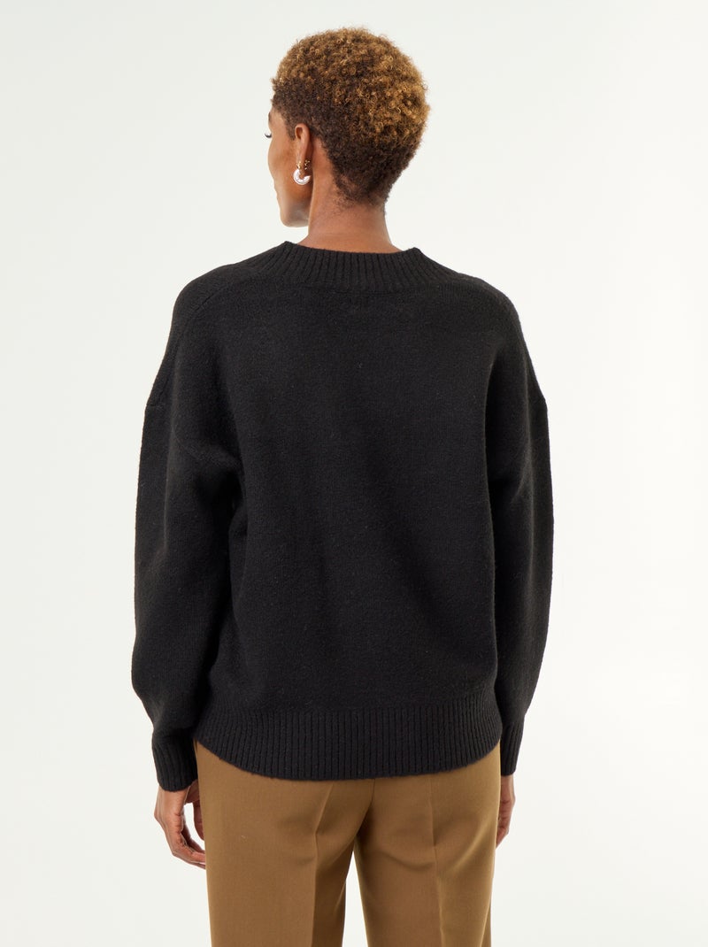Pull avec grand col en V en maille côtelée Noir - Kiabi