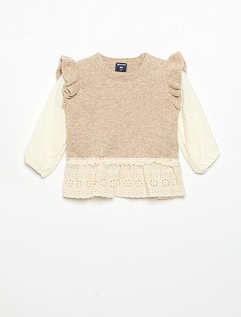 Pull avec manches en voile de coton et base brodée