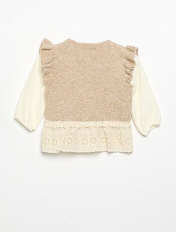 Pull avec manches en voile de coton et base brodée