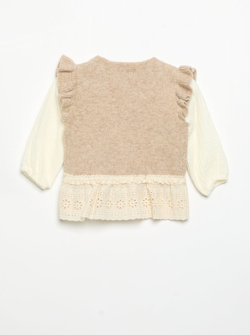 Pull avec manches en voile de coton et base brodée Beige - Kiabi