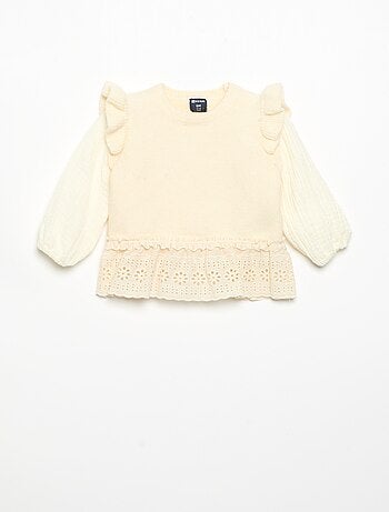 Pull avec manches en voile de coton et base brodée