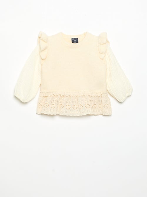 Pull avec manches en voile de coton et base brodée - Kiabi