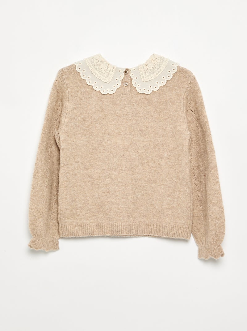 Pull avec un grand col brodé fantaisie Beige - Kiabi