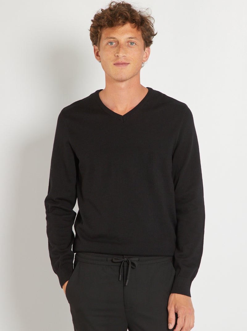 Pull basique en maille unie Noir - Kiabi