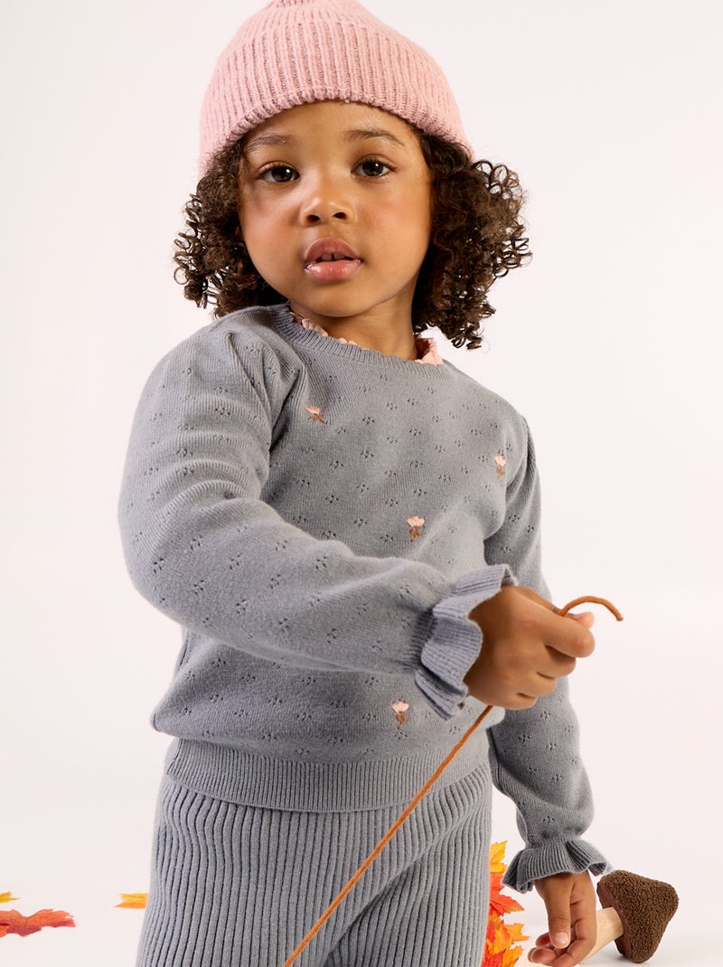 Pull brodé en maille pointelle Bleu - Kiabi