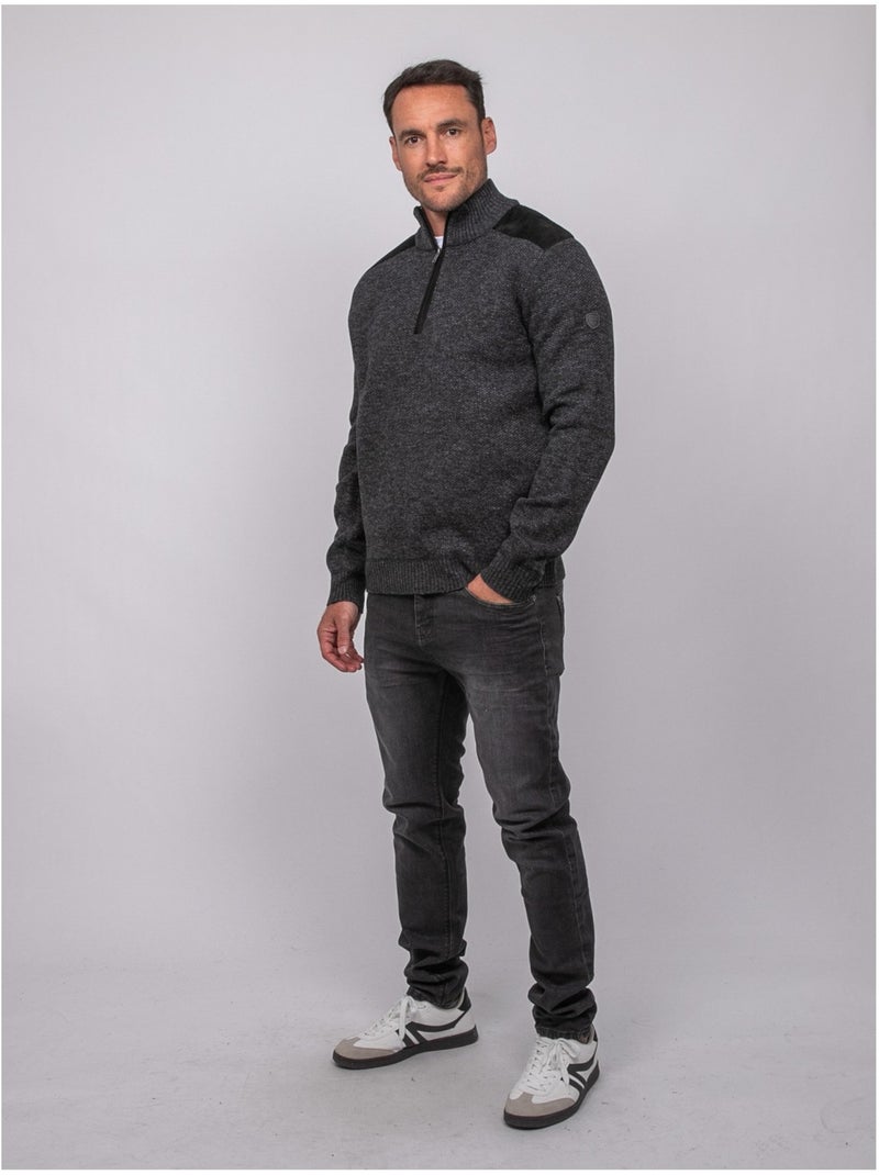 Pull camionneur zippé empiècements suédine lotiron gris anthracite - Kiabi