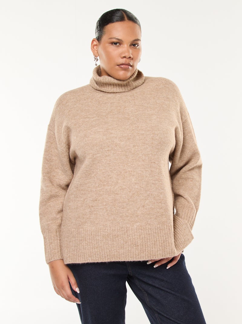 Pull chaud col roulé avec fentes à la base Beige - Kiabi