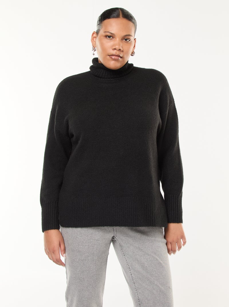 Pull chaud col roulé avec fentes à la base Noir - Kiabi