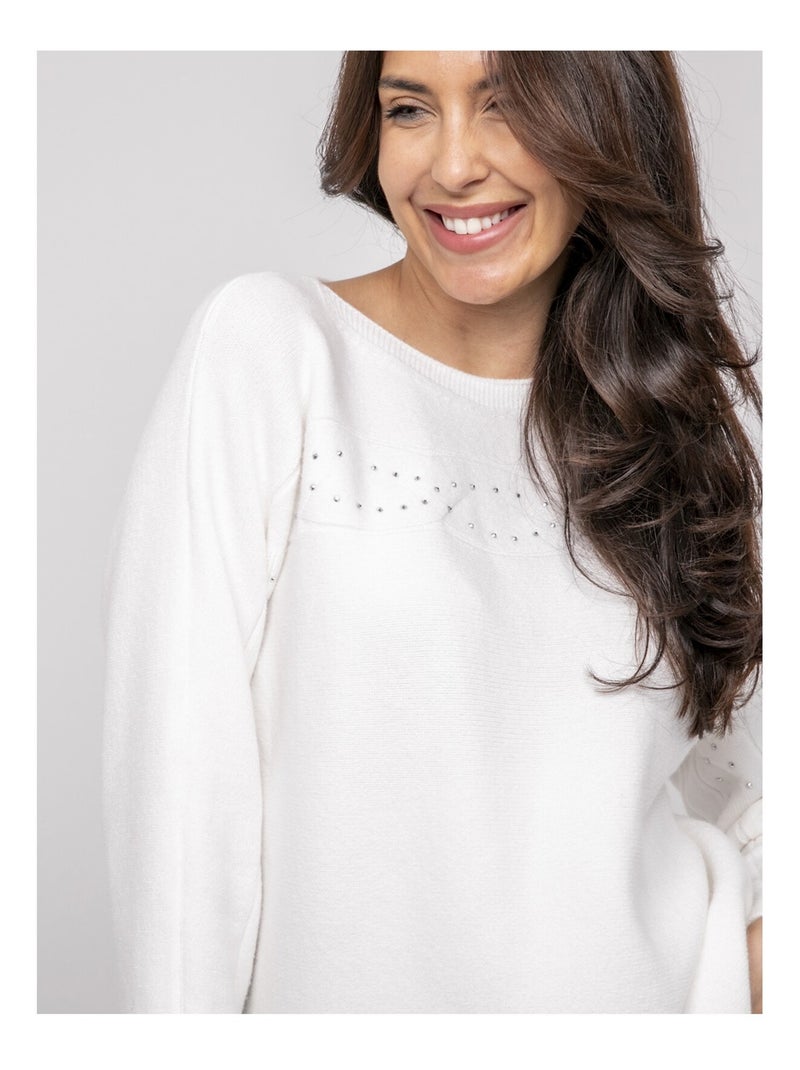 Pull col bateau avec strass kaju Blanc - Kiabi