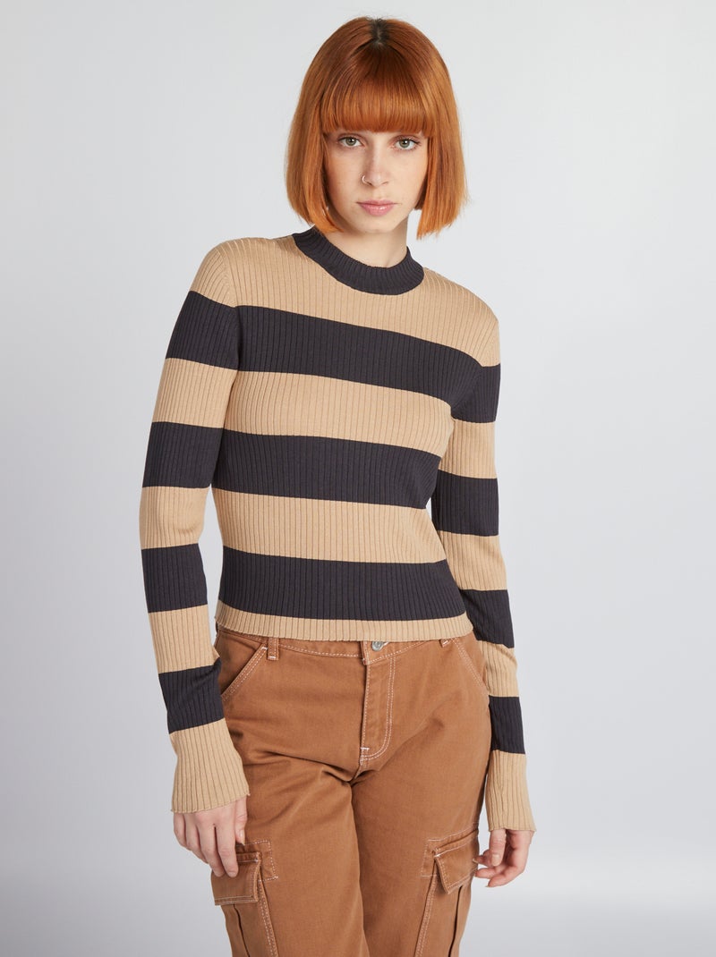 Pull col montant à rayures Beige/ - Kiabi