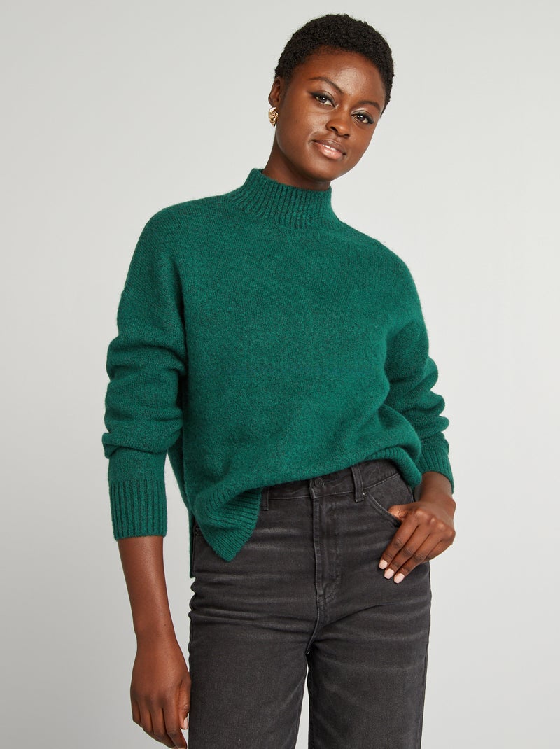 Pull col montant en maille douce Vert - Kiabi