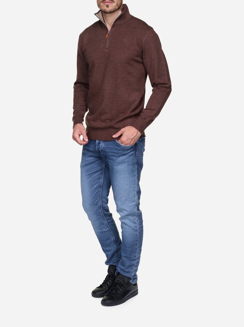 Pull col montant zippé Marron - Kiabi