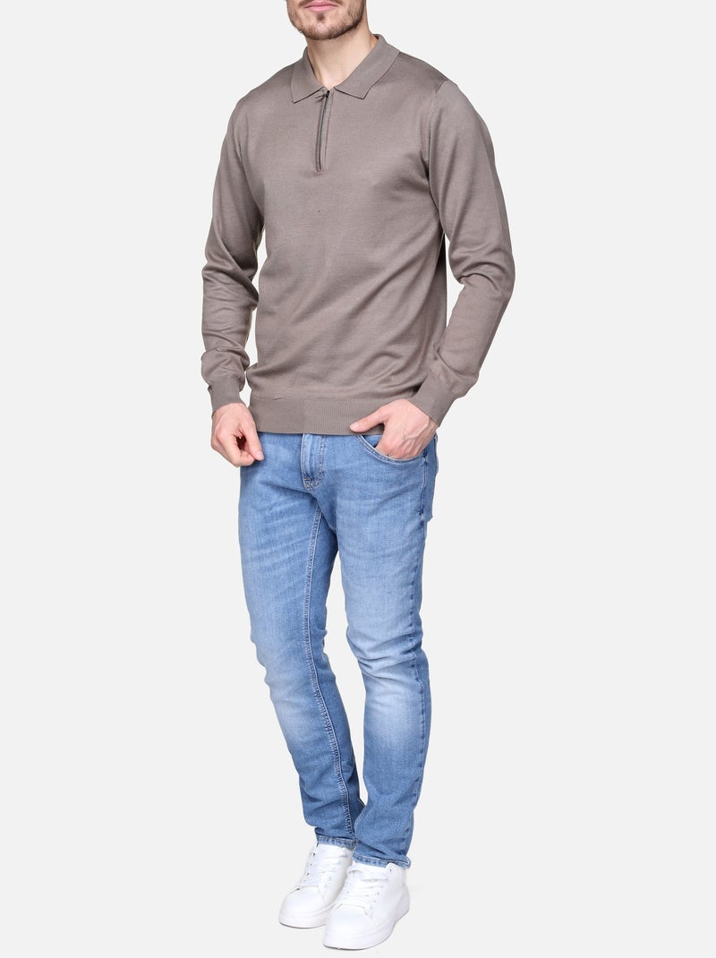 Pull col polo à zip - Frilivin Taupe - Kiabi