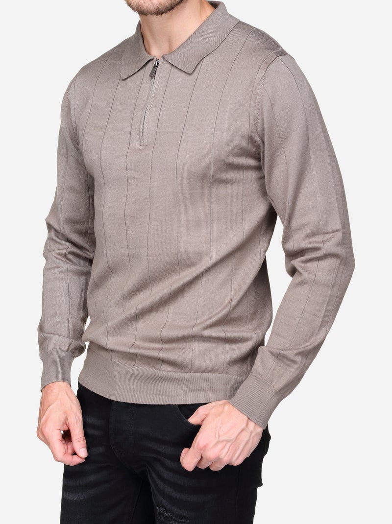 Pull col polo à zip Taupe - Kiabi