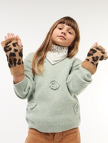 Pull col rond avec fleurs en crochet uni