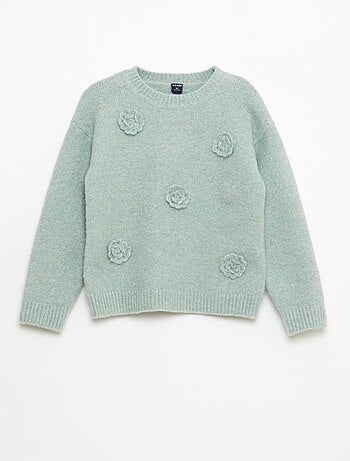 Pull col rond avec fleurs en crochet uni