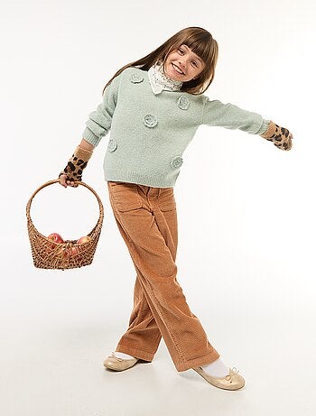 Pull col rond avec fleurs en crochet uni