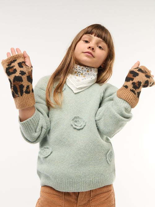 Pull col rond avec fleurs en crochet uni - Kiabi