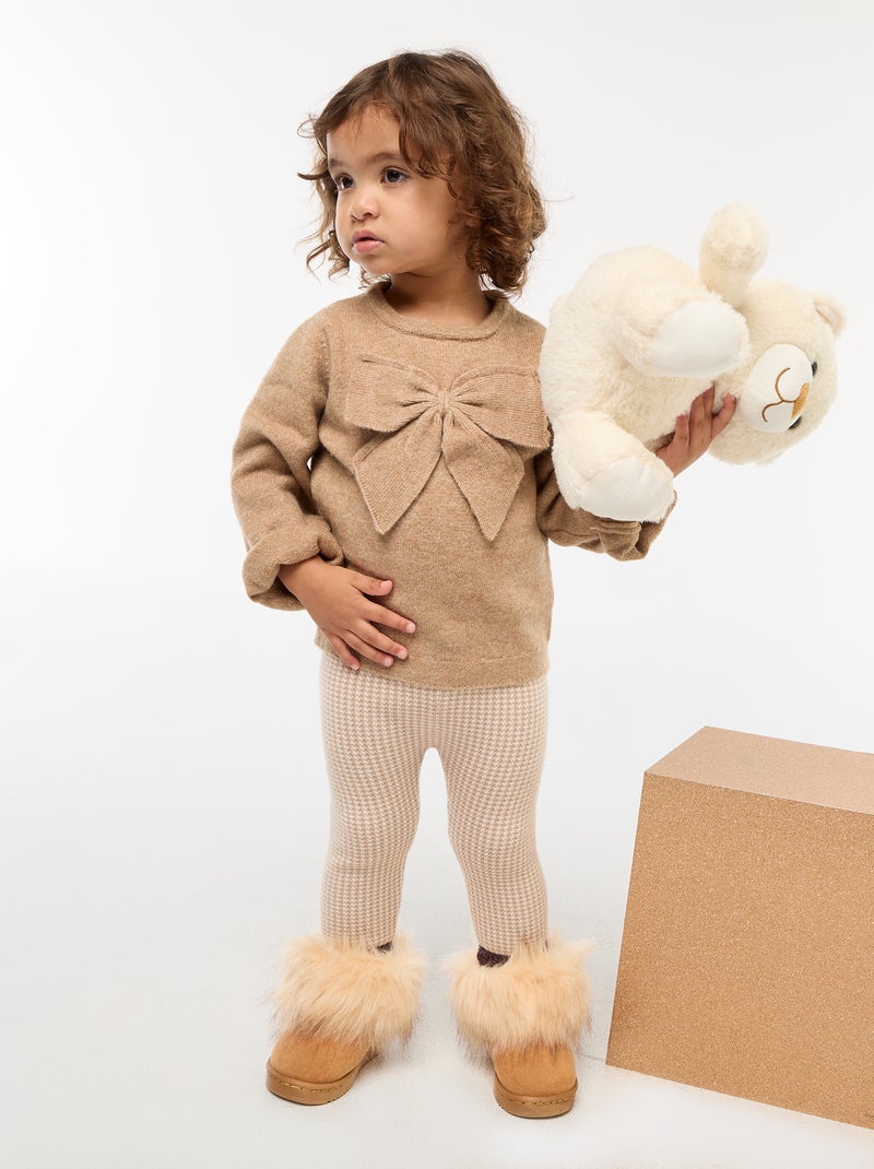 Pull col rond avec nœuds uni Beige - Kiabi