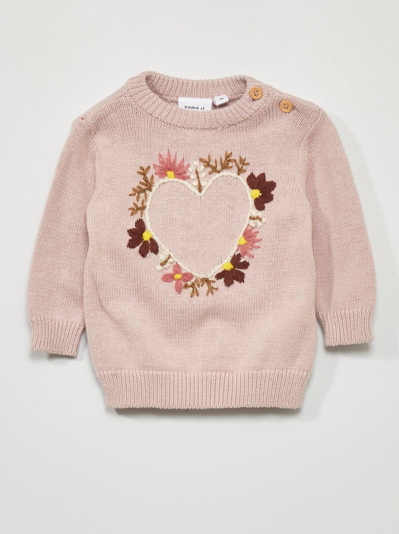 Pull col rond broderie 'cœur' 'Name It' Rose - Kiabi