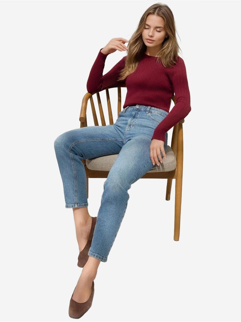 Pull col rond en maille ajustée hiccup Rouge bordeaux - Kiabi