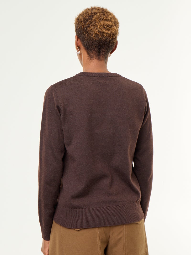 Pull col rond en maille fine jauge Marron - Kiabi