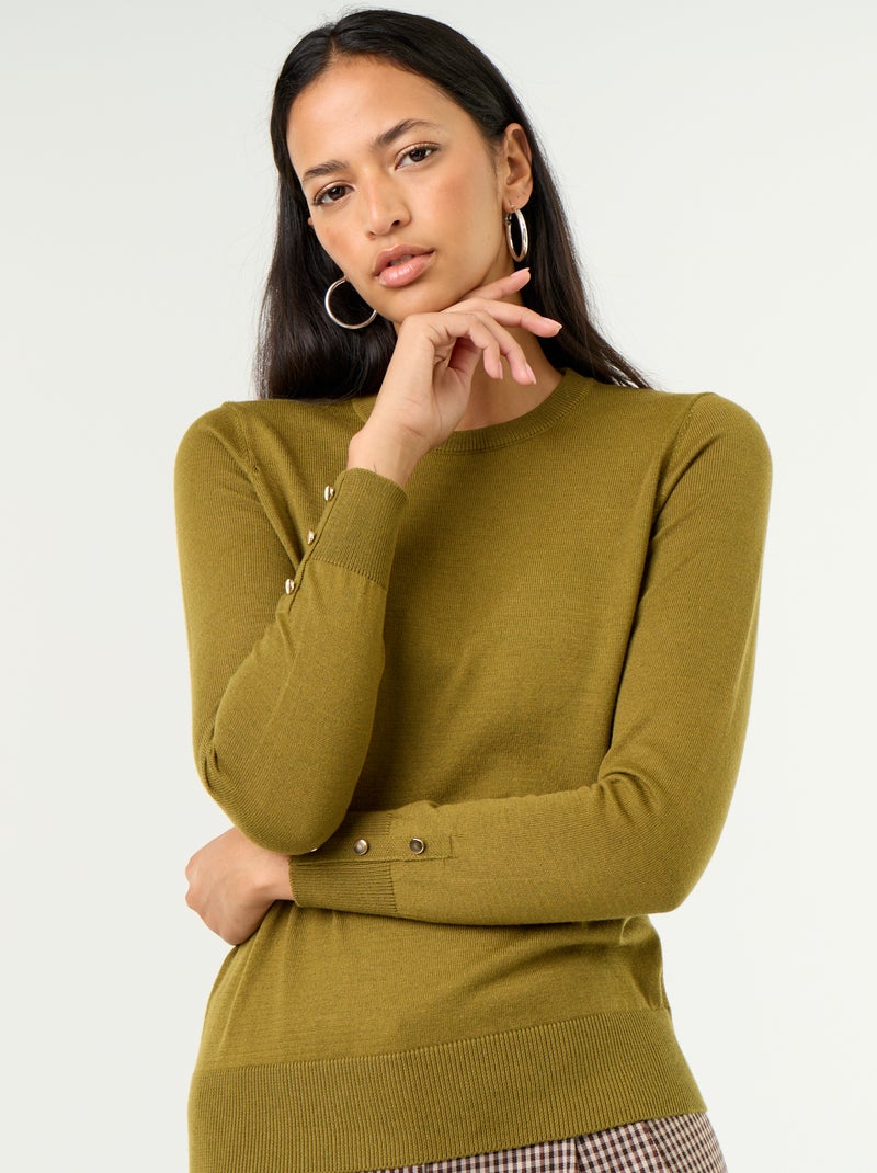 Pull col rond en maille fine jauge Vert - Kiabi