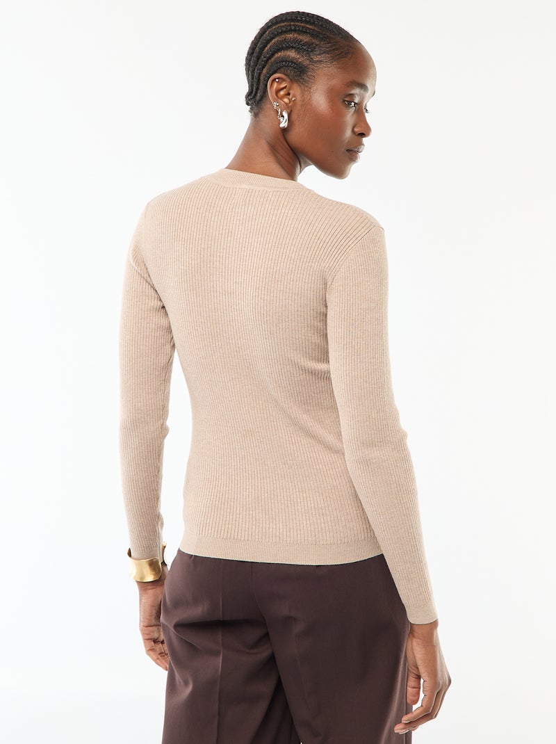 Pull col rond en rib uni Beige - Kiabi