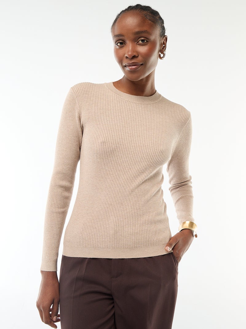 Pull col rond en rib uni Beige - Kiabi