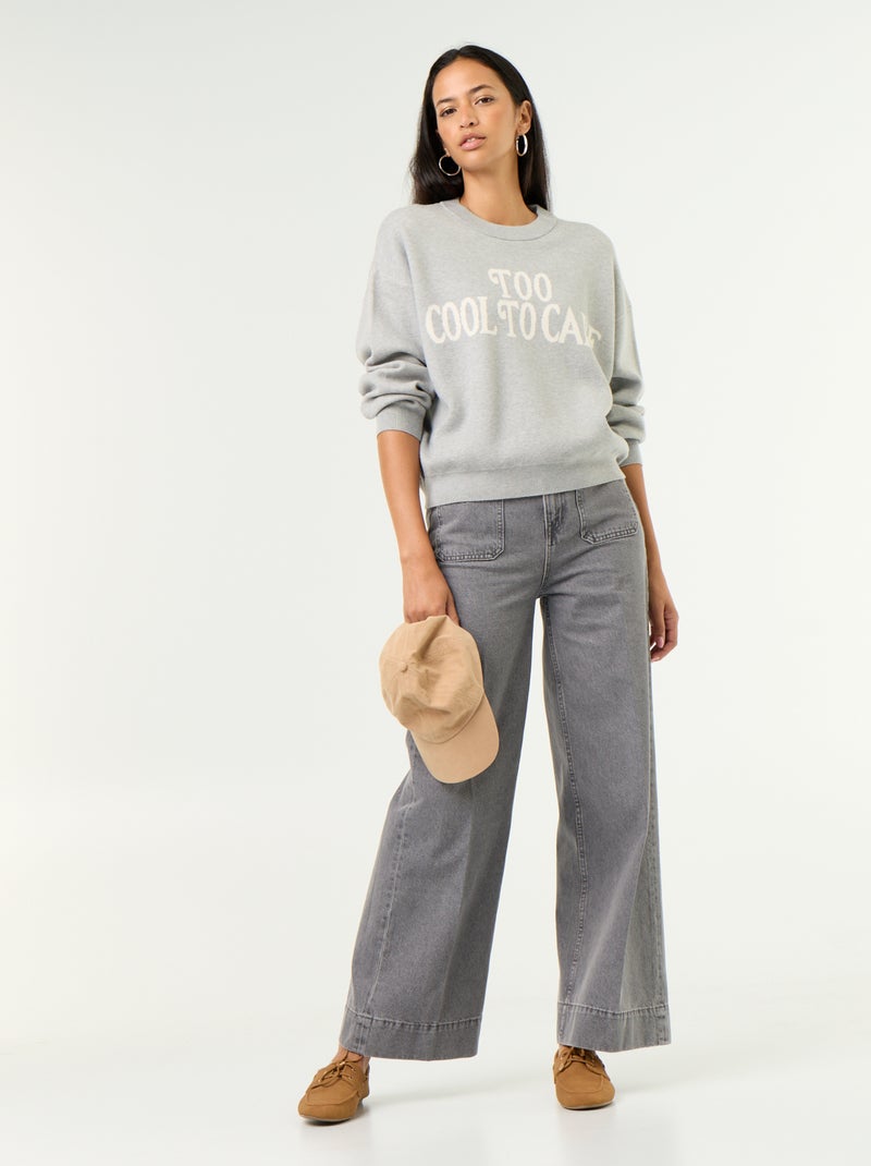 Pull col rond maille douce avec inscription Gris - Kiabi